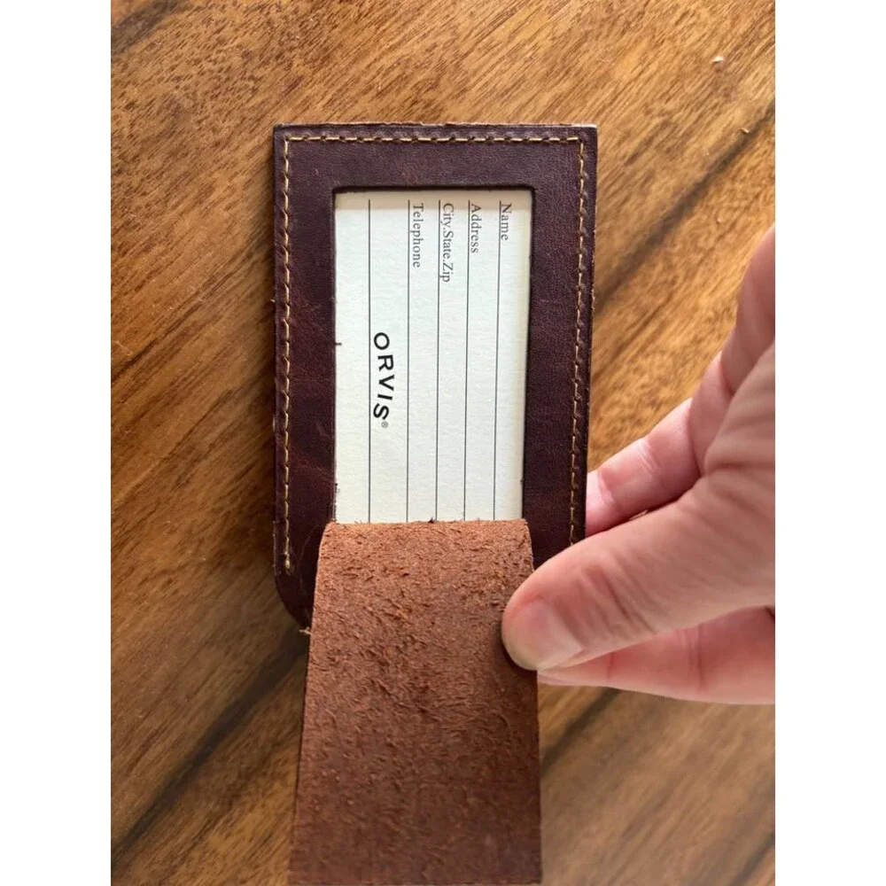Vintage Orvis Thick Bullhide Dark Brown Leather Luggage Tag Bag ID